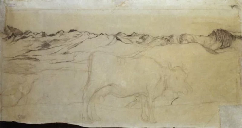 Vacca sullo sfondo della catena del Maloja